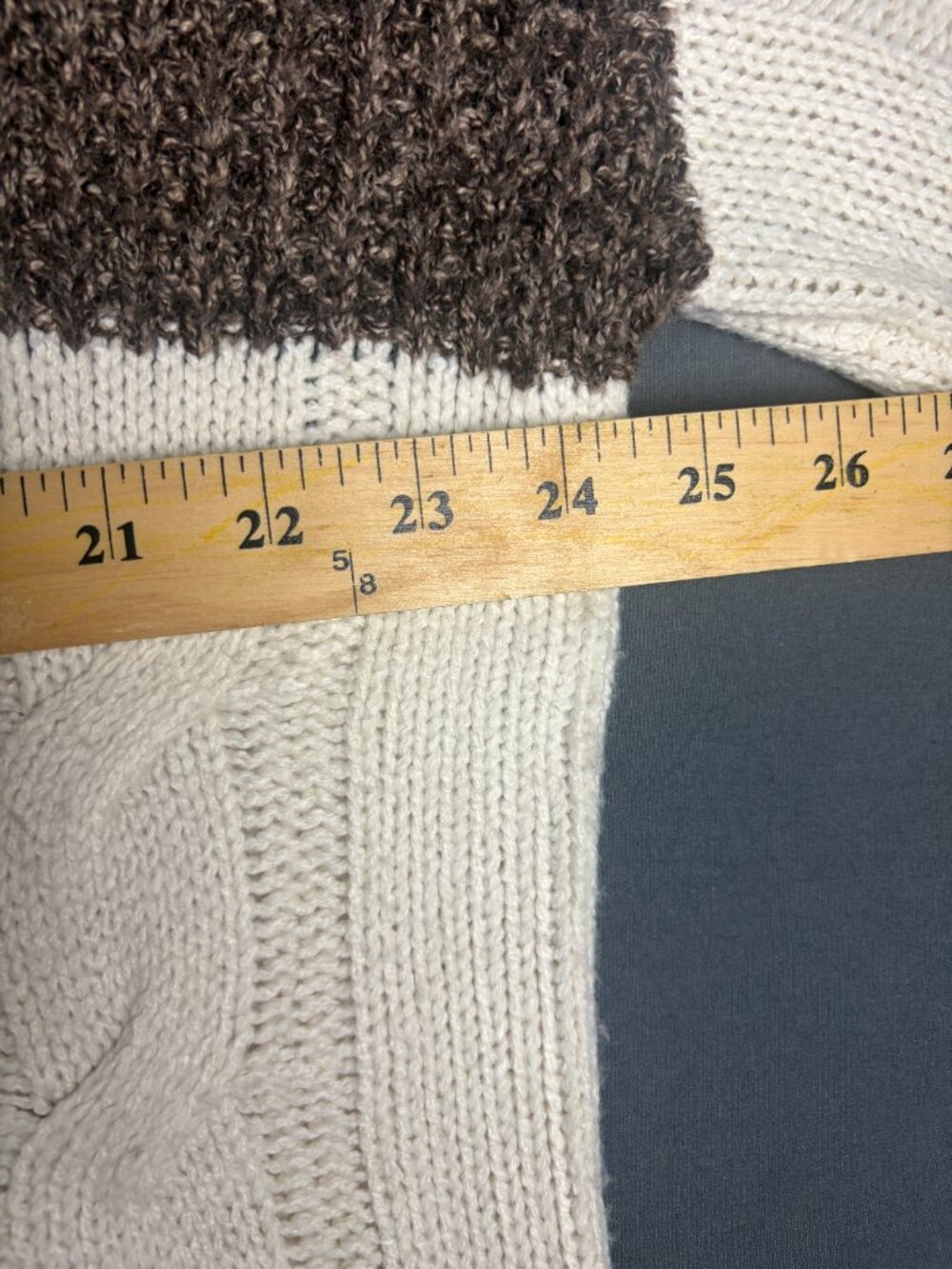 Women's Xl Sweater Patchwork Cable Knit Pullover Balloon Sleeve Chevron Brown - Picture 6 of 8
